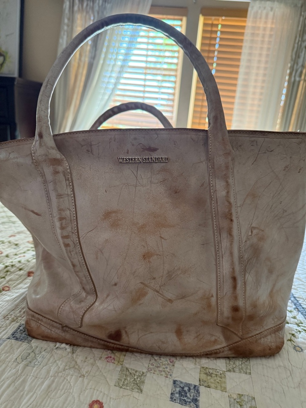 Beige Leather Shoulder Tote